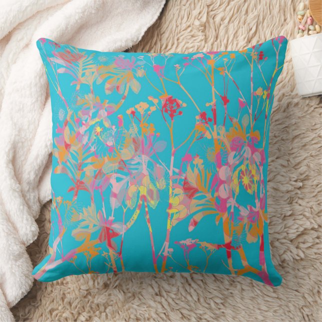 Blue with Psychedelic Flowers Throw Pillow (Blanket)