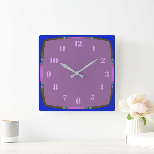 Blue with Rainbow Border and Mauve Centre Square Wall Clock (Home)