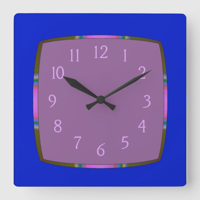 Blue with Rainbow Border and Mauve Centre Square Wall Clock (Front)