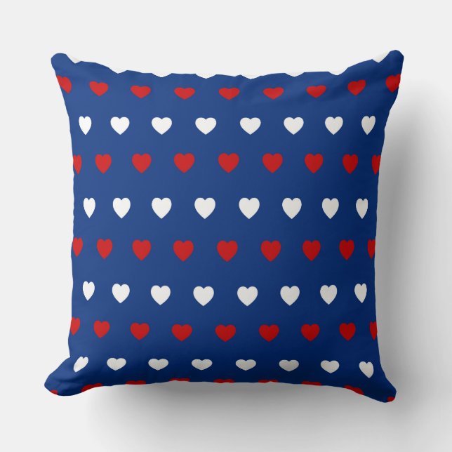 BLUE WITH RED & WHITE HEARTS THROW PILLOW (Front)