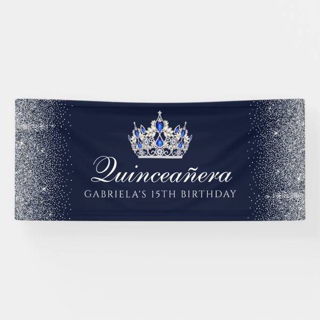 Blue with Silver Glitter Quinceanera Banner (Horizontal)