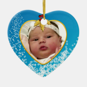 Blue With Snow Baby's First Christmas Heart Ceramic Ornament
