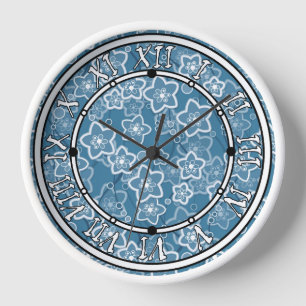blue with white, blue, flowers, floral, rustic, fa clock