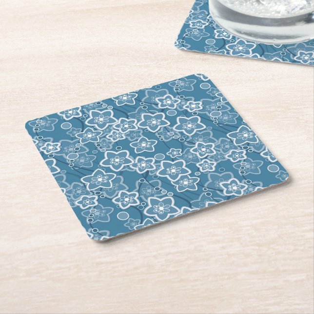 blue with white, blue, flowers, floral, rustic, fa square paper coaster (Angled)