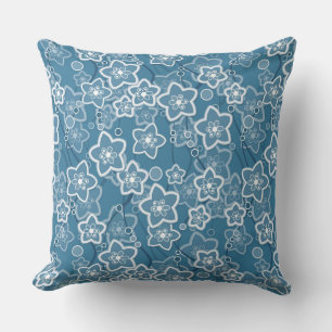 blue with white, blue, flowers, floral, rustic, fa throw pillow