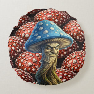 Blue wizard, mushroom whimsical forest fantasy round pillow