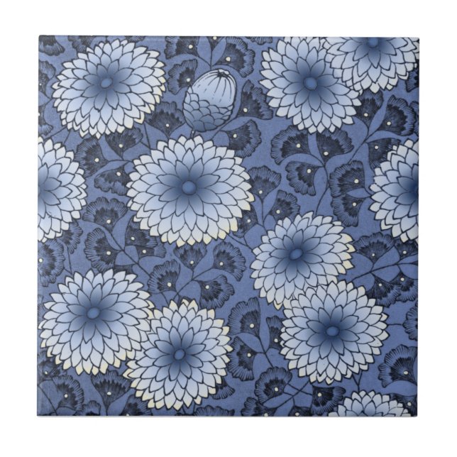 Blue Wm Morris Arts & Crafts Chrysanthemum Repro Tile (Front)