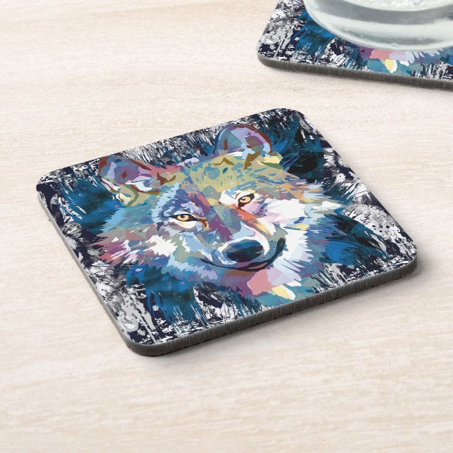 Blue Wolf Beverage Coaster | Colourful Wolf Drawin (Left Side)