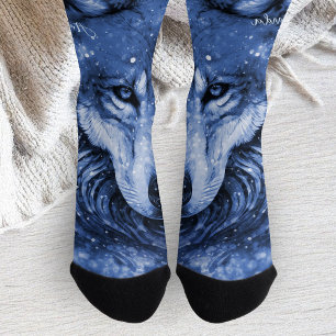 Blue Wolf Cosmic Celestial Sky Stars Personalized Socks