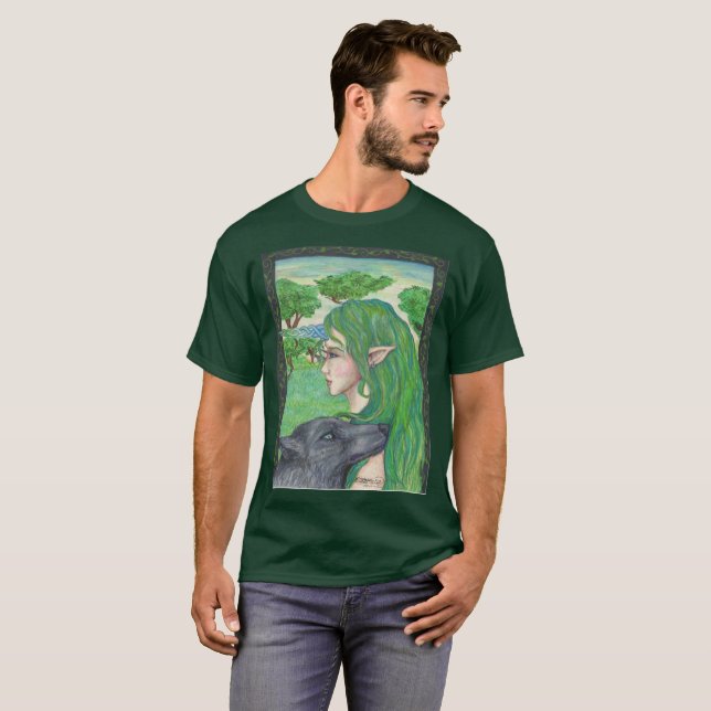 Blue Wolf Fantasy Magic Celtic Irish Fairy Elf T-Shirt (Front Full)