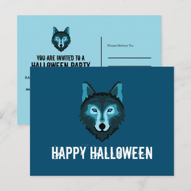 Blue Wolf, Halloween Party Invitation Postcard (Front/Back)