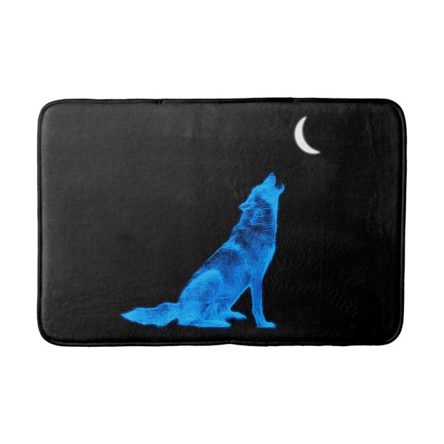 Blue Wolf Howling at Moon Bath Mat (Front)