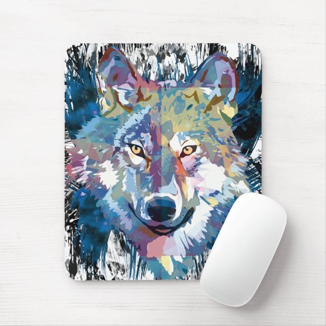 Blue Wolf Mousepad Colourful Wolf Polygon (With Mouse)