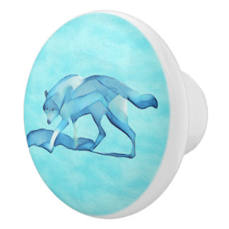 Blue Wolf On Snow Ceramic Knob