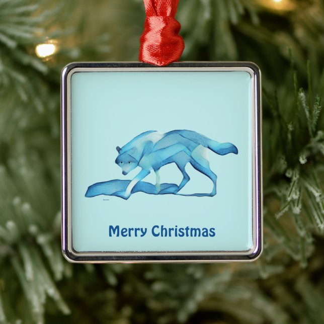 Blue Wolf On Snow Metal Ornament (Tree)
