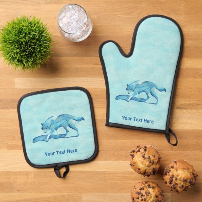 Blue Wolf On Snow Oven Mitt & Pot Holder Set (Top Down)
