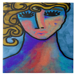 Blue Woman Abstract Digital Painting Tile