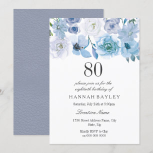 Blue Wonderland Grey Flower 80th Birthday Invite