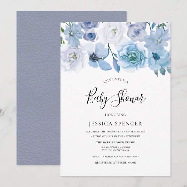 Blue Wonderland Grey Flower Baby Shower Invite (Front/Back)