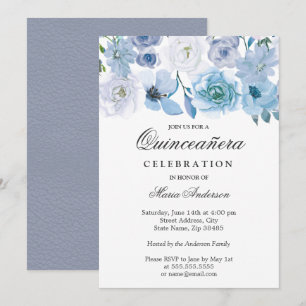 Blue Wonderland Grey Flower Quinceanera Invite