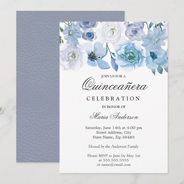 Blue Wonderland Gris Fleur Quinceanera Invitation (Devant / Derrière)