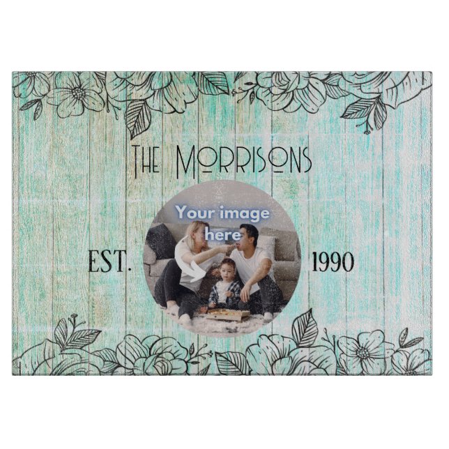 Blue Wood Anniversary Family Photo Template Cutting Board (Front)