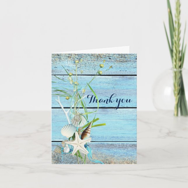 Blue Wood Beach Mariage tropical Carte de remercie (Devant)