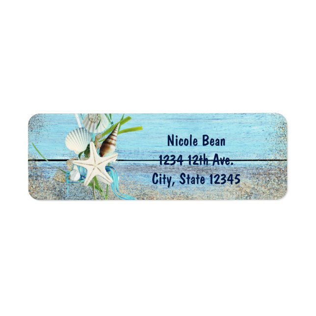 Blue Wood Beach Tropical Wedding Invitation Labels (Front)