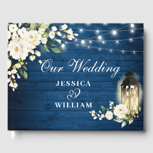Blue Wood & Blush Roses Floral Rustic Wedding Guest Book