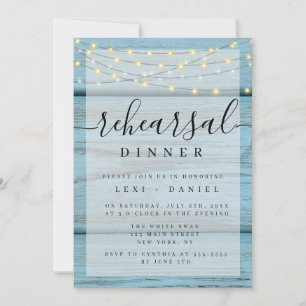 Blue Wood Boho Lights Rehearsal Dinner Invitations