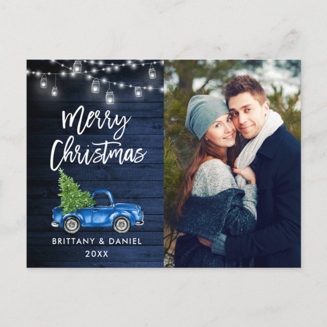 Blue Wood Brush Script Truck Lights Christmas Postcard (Front)