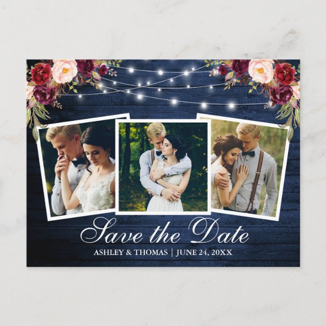Blue Wood Burgundy Floral 3 Photo Save The Date Invitation Postcard (Front)
