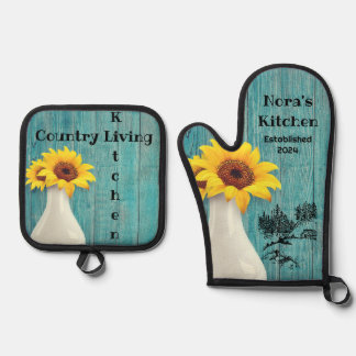 Blue Wood Daisy Oven Mitt & Pot Holder Set