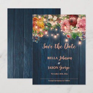Blue Wood Floral Lights Wedding Save The Date Announcement Postcard