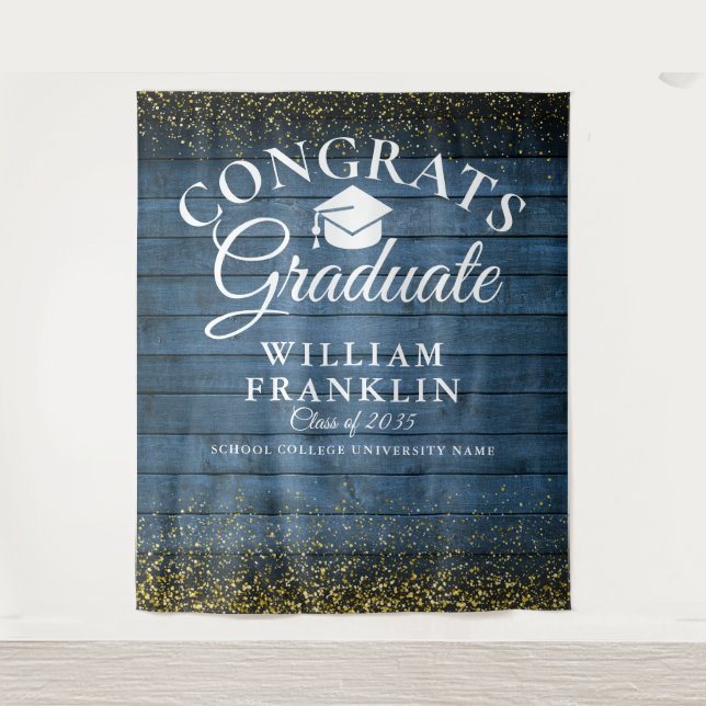 Blue Wood Gold Glitter Graduation Photo Backdrop Tapestry (Front)