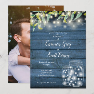 Blue Wood Greenery Mason Jar Lights Photo Wedding Invitation
