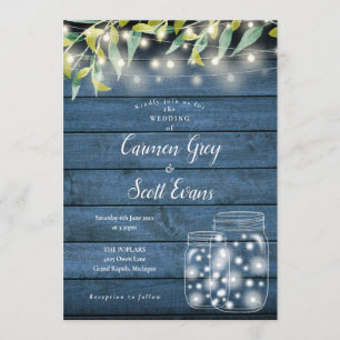 Blue Wood Greenery Mason Jar String Lights Wedding Invitation