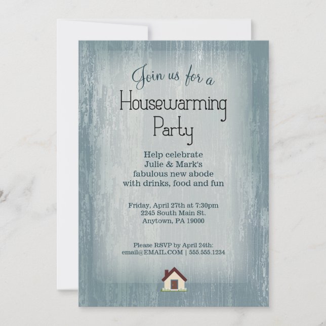 Blue Wood Housewarming Party Invitations Shabby (Front)