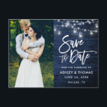 Blue Wood Jar Lights Brush Script Save The Date Postcard<br><div class="desc">Modern Brush Script,  Rustic Blue Wood,  String Lights with Mason Jars,  Save The Date Engagement Couple Photo Postcard</div>