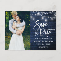 Blue Wood Jar Lights Brush Script Save The Date