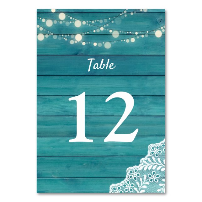 Blue Wood, Lace, String Lights 2 Table Number (Front)