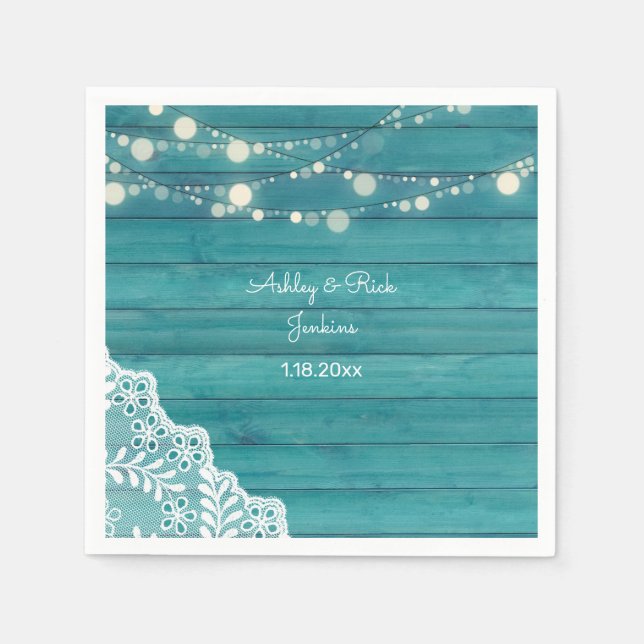 Blue Wood, Lace, String Lights Napkin (Front)