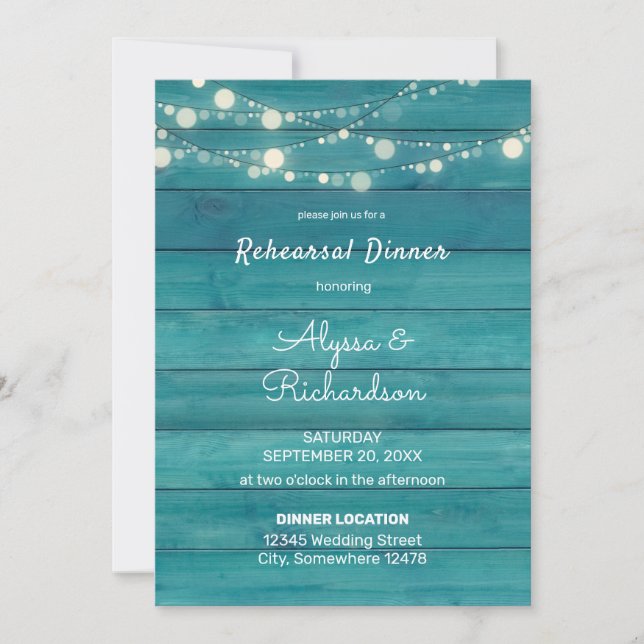 Blue Wood Lace & String Lights Rehearsal Dinner Invitation (Front)