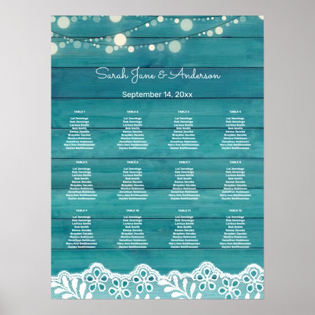 Blue Wood, Lace, String Lights Seating Chart (Front)