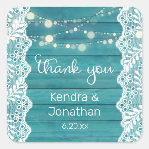 Blue Wood Lace & String Lights Thank You Square Sticker