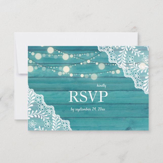 Blue Wood Lace & String Lights Wedding w/ Meal RSVP Card (Front)