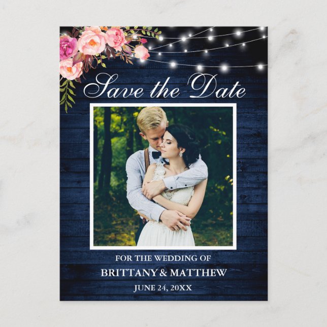 Blue Wood Lights Pink Floral Photo Save the Date Postcard (Front)