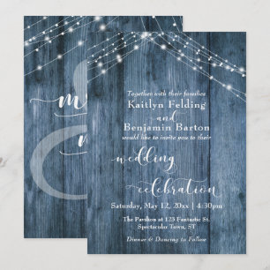 Blue Wood & Lights Wedding Celebration Calligraphy Invitation