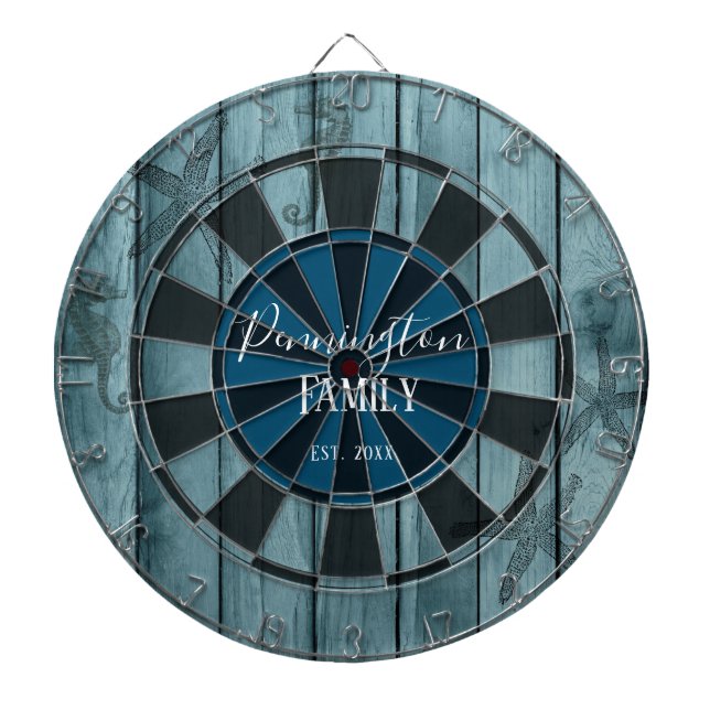Blue Wood Ocean Life Custom Family Name  Dartboard (Front)