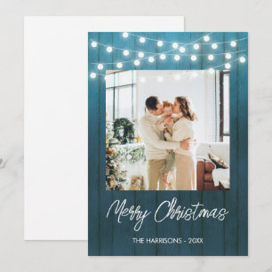 Blue Wood Plate String Lights Photo Christmas Holiday Card